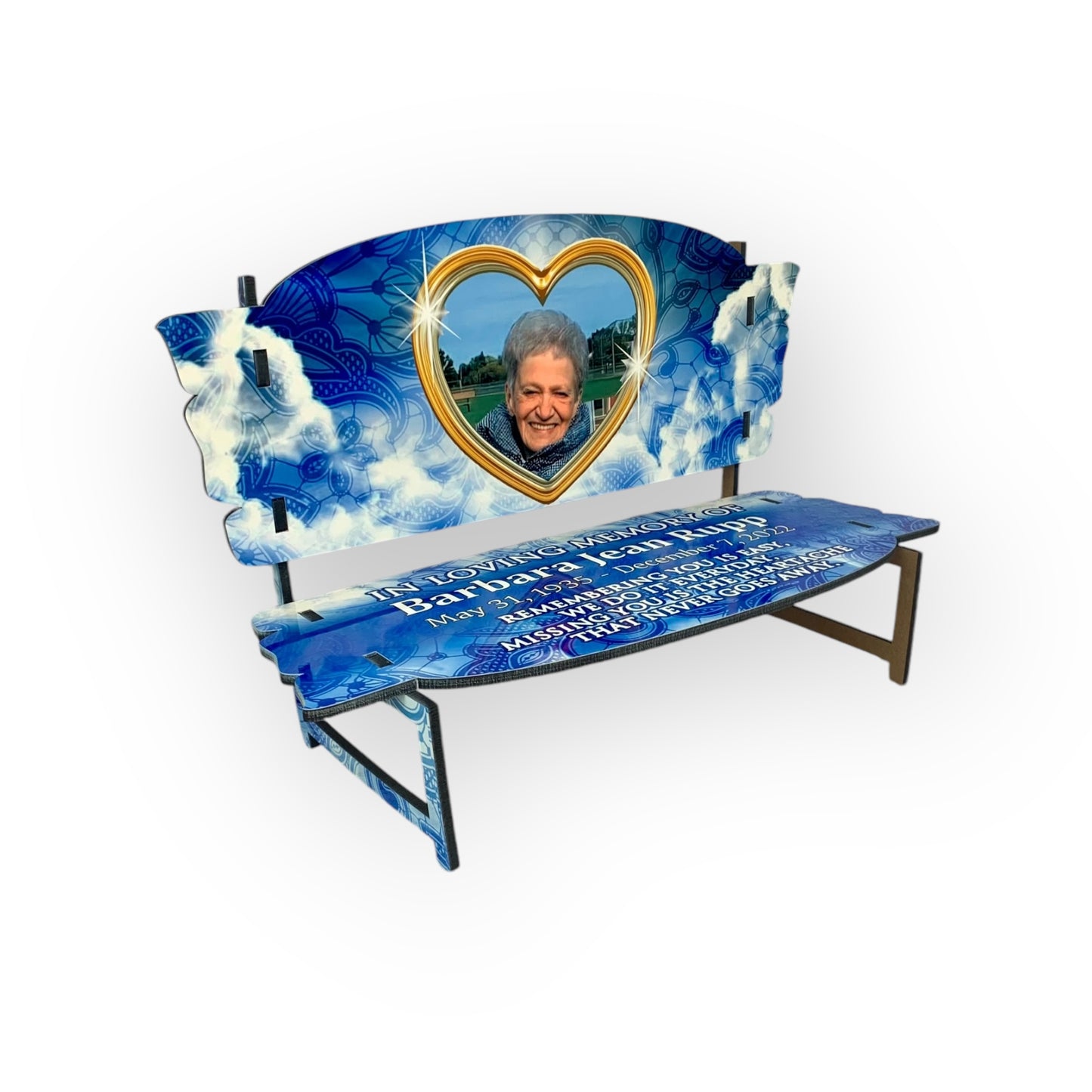 Memorial Bench Floral Blue Clouds