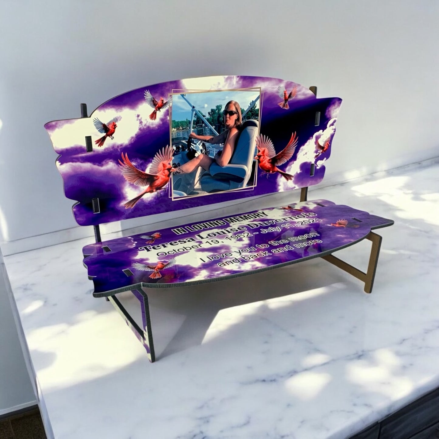 Memorial Bench Purple Clouds with Cardinals