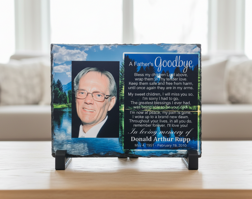 Front view of a custom rock slate memorial personalized with a photo and remembrance quote on black stands.