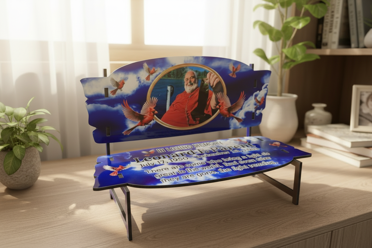 Blue Clouds Cardinals Memorial Bench - soft lighting