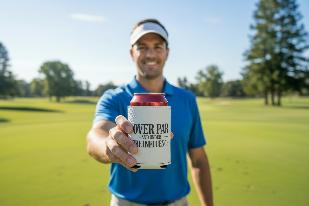 Close-Up Golfer with Can Cooler