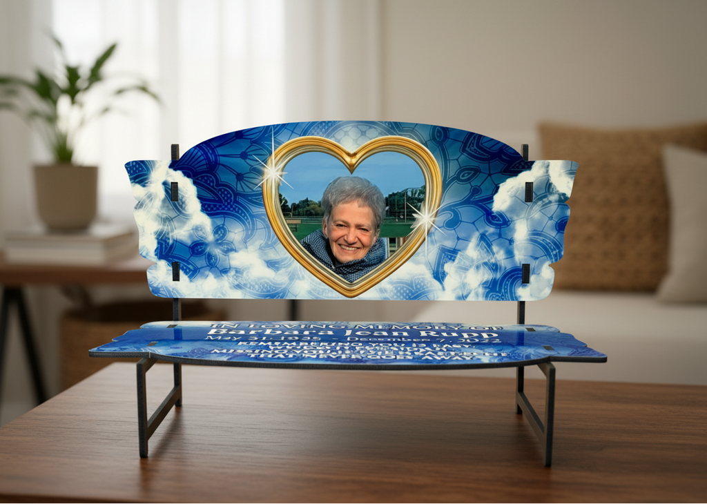 Floral Blue Clouds Memorial Bench - home setting