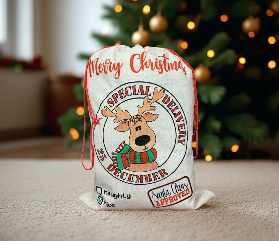 Male Reindeer Santa Sack - light flat carpet