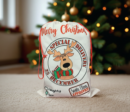 Front view of a cream polyester canvas Santa sack featuring a boy reindeer design.