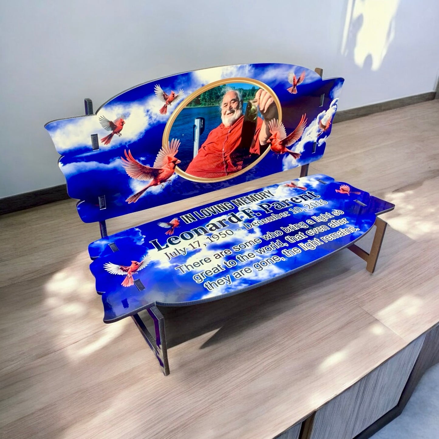 Memorial Bench  Blue Clouds with Cardinals