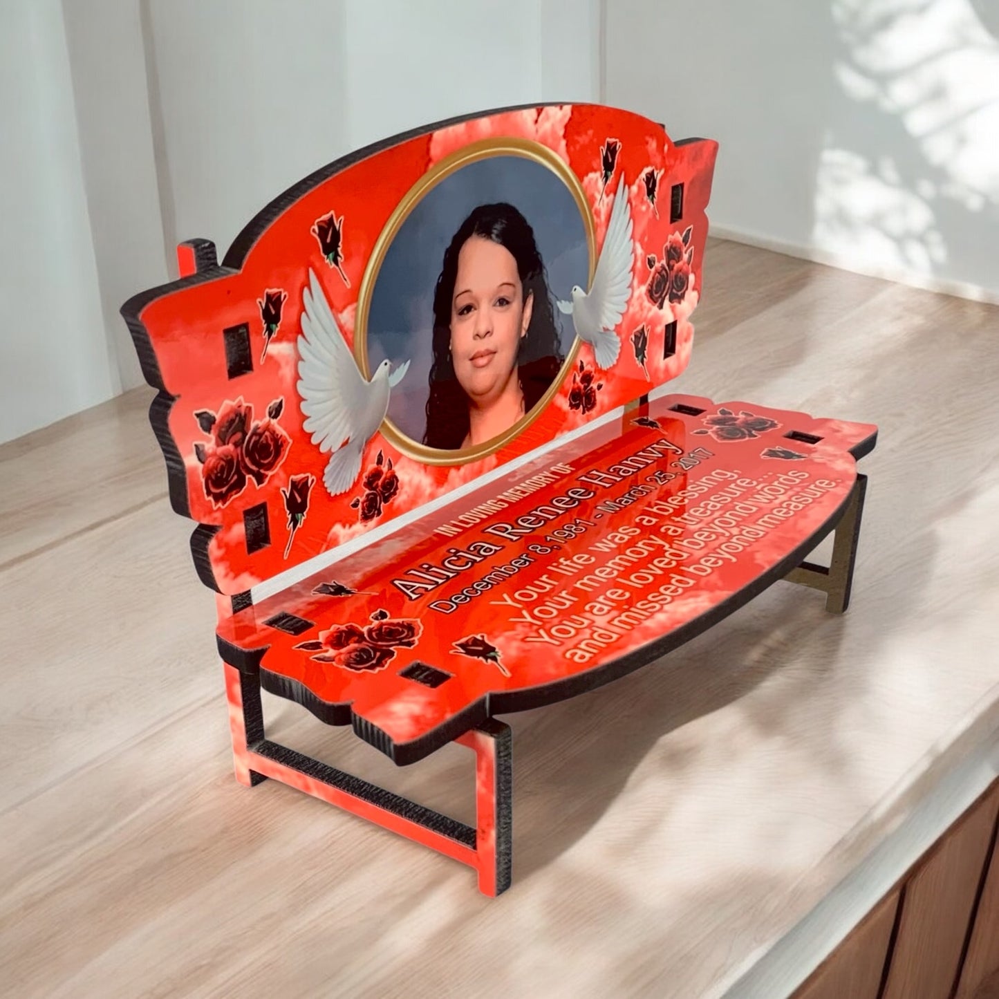Memorial Bench Red Clouds with Roses