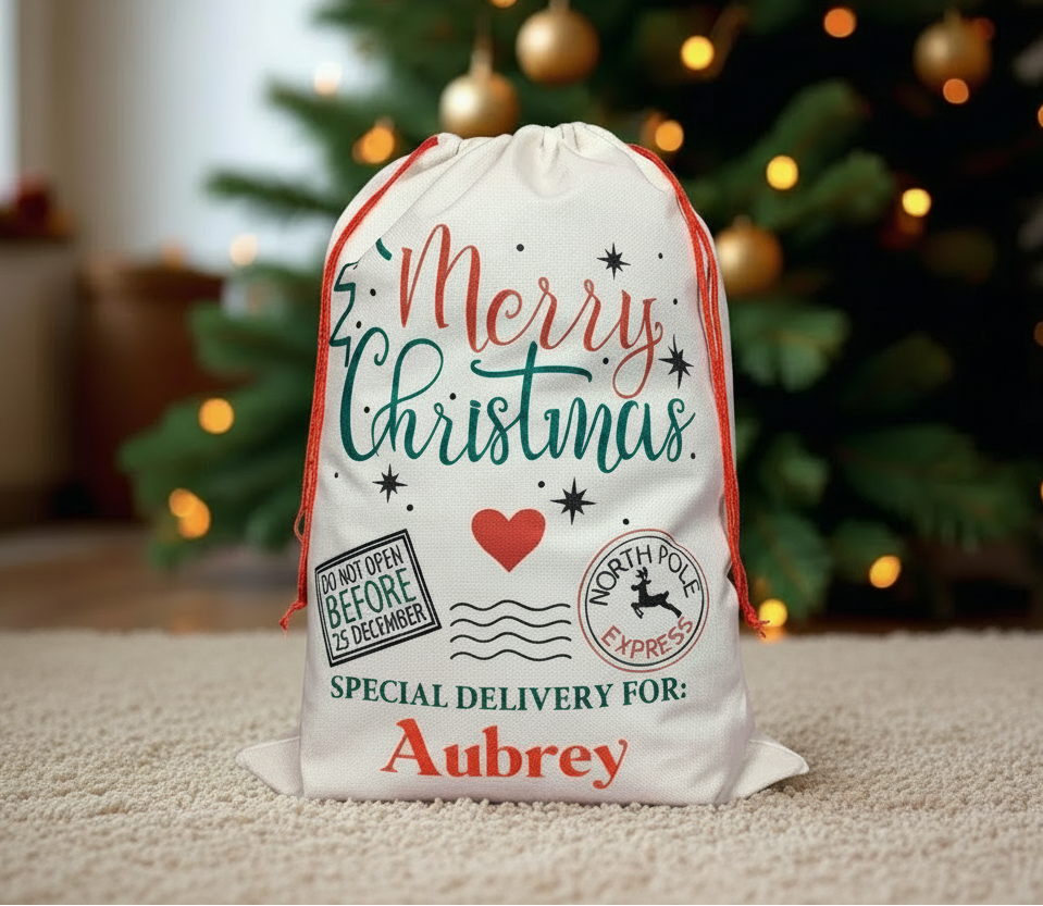 Merry Christmas Heart Santa Sack - light flat carpet