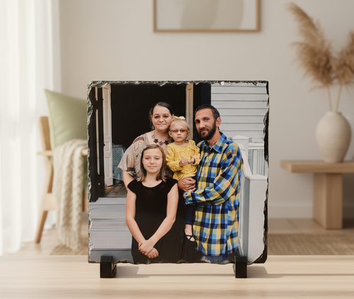 A custom medium square shaped photo rock slate personalized with a custom picture.