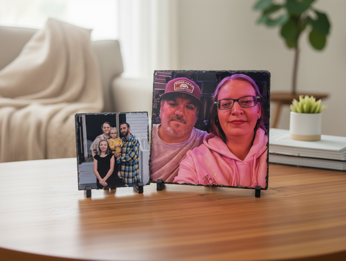 A custom large square shaped photo rock slate personalized with a custom picture.